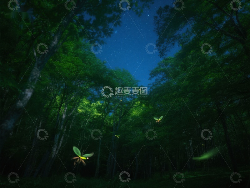 高清大图下载【趣麦麦图】-夜幕森林中的萤火虫