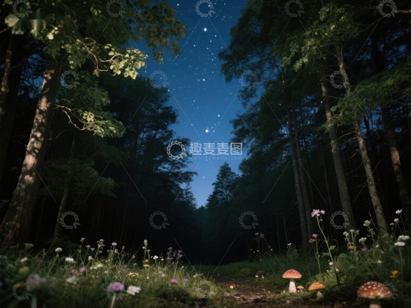 高清大图下载【趣麦麦图】夜幕森林中的蘑菇与繁星