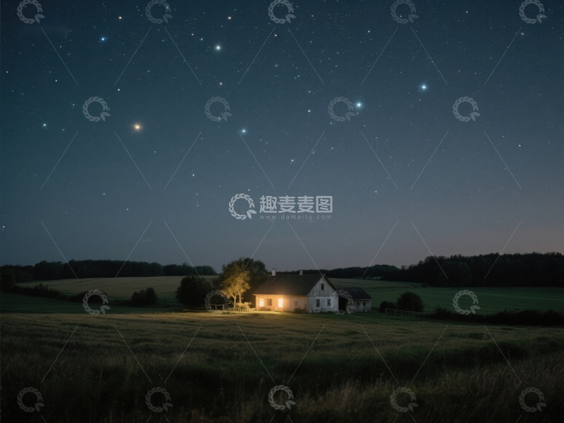 高清大图下载【趣麦麦图】夜空下的乡村小屋
