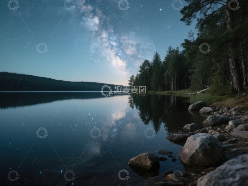 高清大图下载【趣麦麦图】夜空银河映照湖面静谧风光