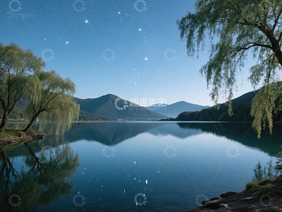 宁静湖畔夜景，星光闪烁