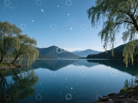 宁静湖畔夜景，星光闪烁