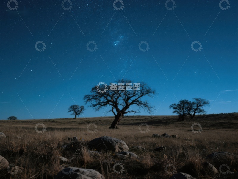 高清大图下载【趣麦麦图】夜空下的孤树与星空