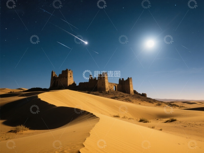 高清大图下载【趣麦麦图】沙漠城堡夜景，流星划过星空