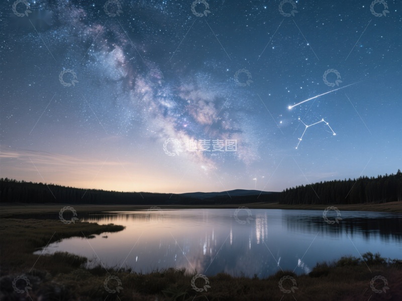 高清大图下载【趣麦麦图】银河映湖夜，星座闪烁天际