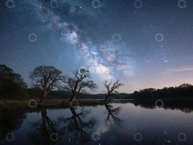 高清大图下载【趣麦麦图】银河映照湖面，夜空下的静谧树影
