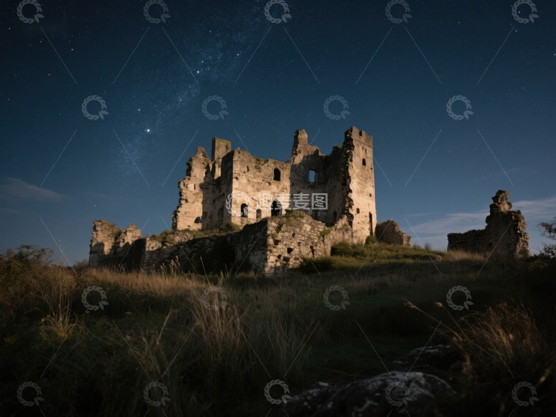 高清大图下载【趣麦麦图】夜空下的古老城堡遗迹
