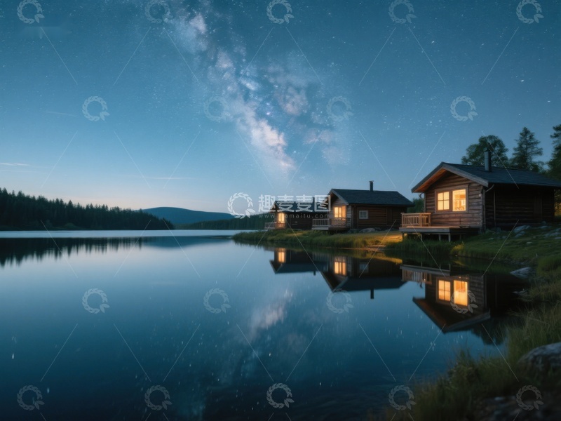 高清大图下载【趣麦麦图】湖畔木屋夜景，星空倒映水面