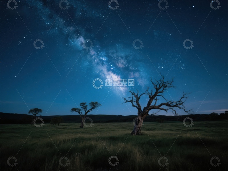高清大图下载【趣麦麦图】夜空银河下的孤树剪影