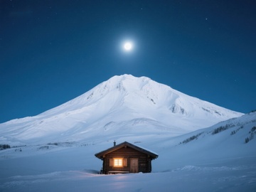 雪夜山间小屋与明月