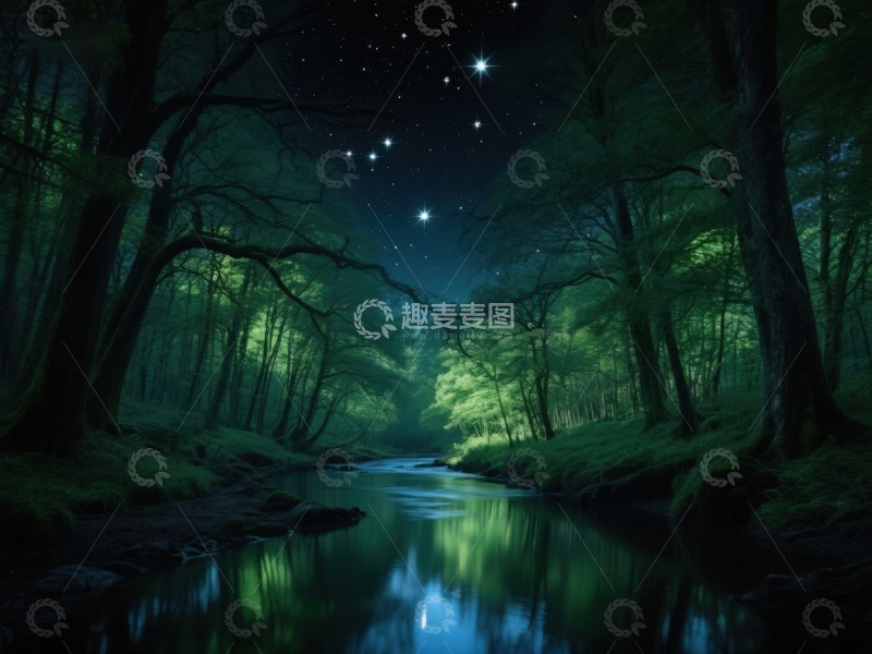 高清大图下载【趣麦麦图】夜幕森林溪流，星光闪烁
