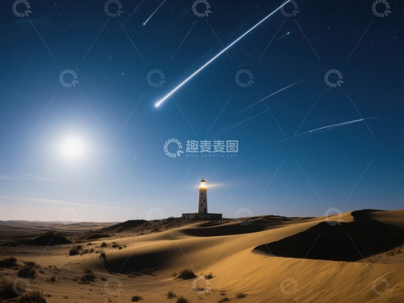 高清大图下载【趣麦麦图】沙漠灯塔夜景流星划过