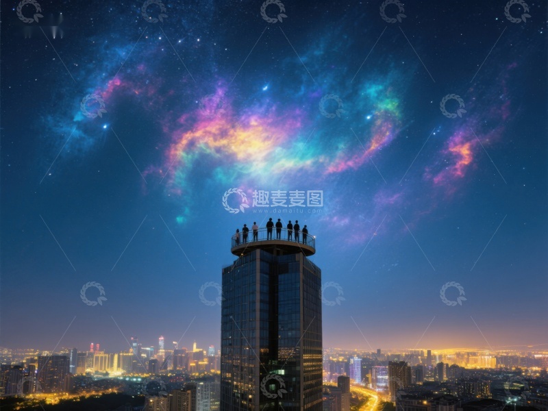 高清大图下载【趣麦麦图】夜空下的摩天大楼与星空