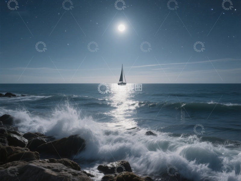 高清大图下载【趣麦麦图】月夜海上帆船与波涛