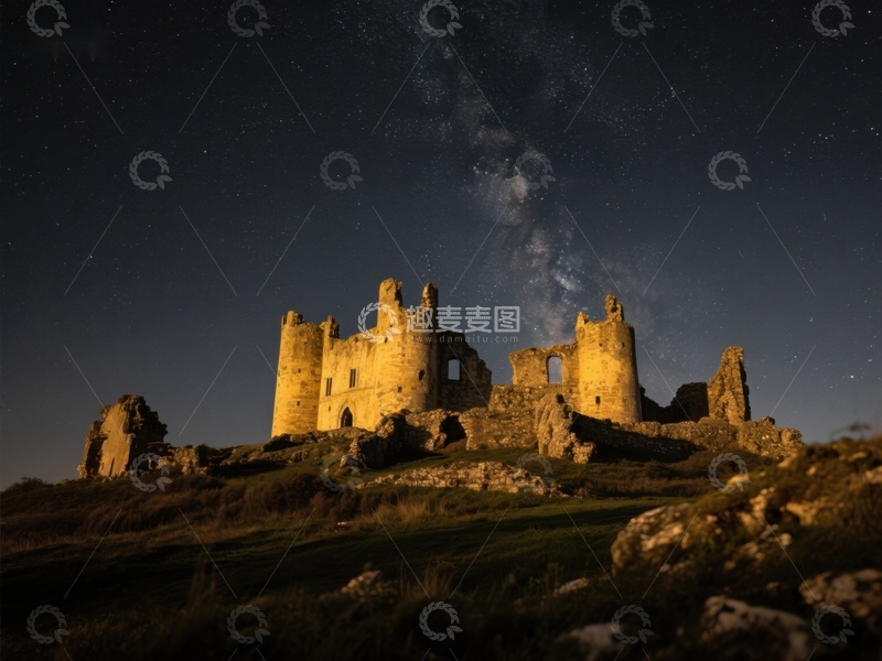 高清大图下载【趣麦麦图】夜空下的古老城堡遗迹