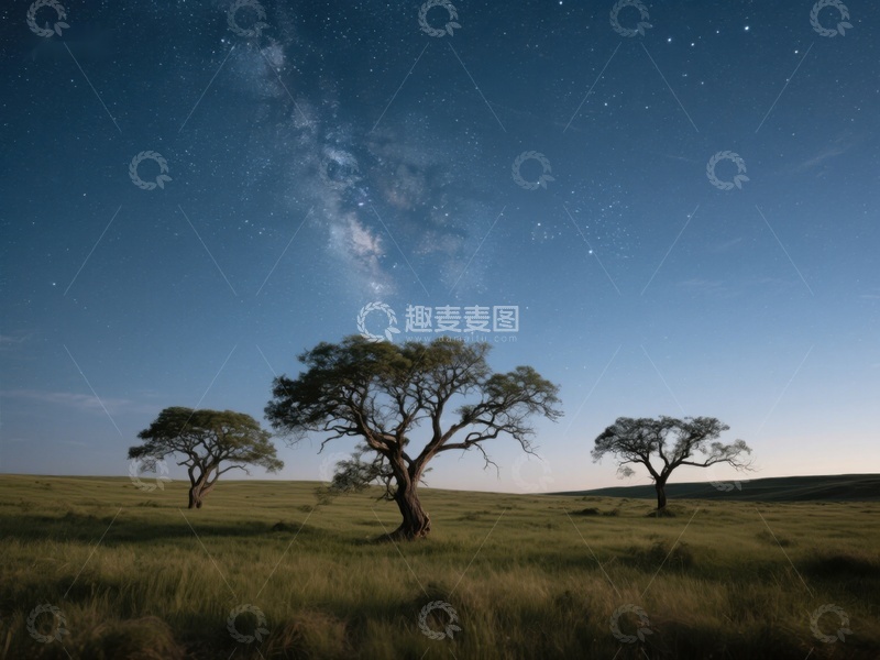 高清大图下载【趣麦麦图】星空下的草原与孤树