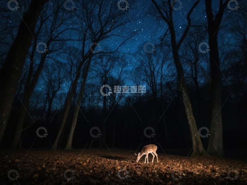 高清大图下载【趣麦麦图】夜空下森林中的鹿