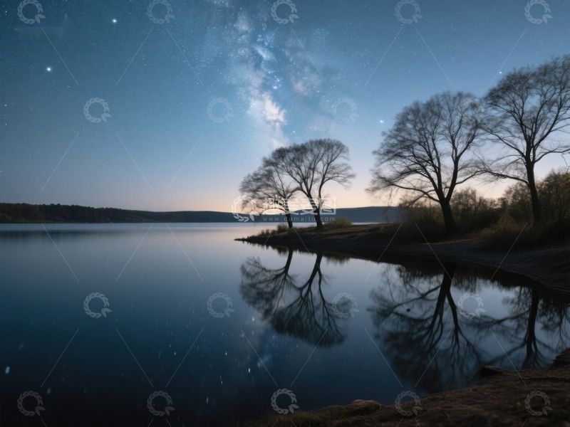 高清大图下载【趣麦麦图】夜空下的湖畔树影