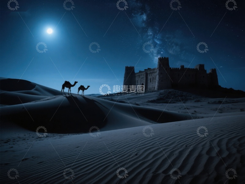 高清大图下载【趣麦麦图】月夜沙漠中的城堡与骆驼