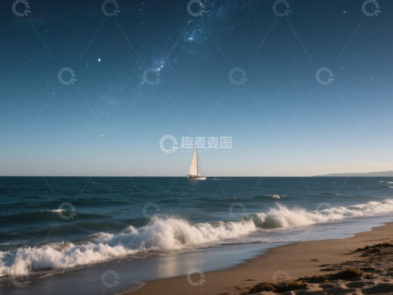 高清大图下载【趣麦麦图】夜空下的帆船与海浪