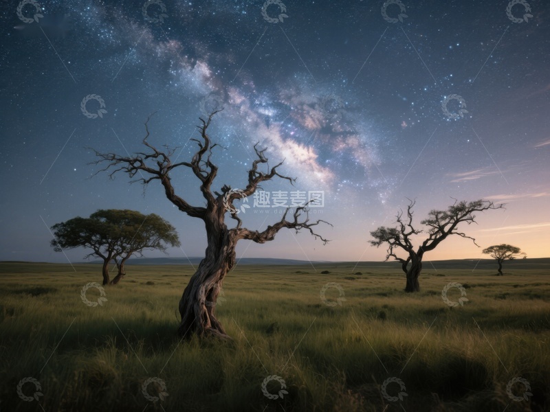 高清大图下载【趣麦麦图】星空下的孤树与草原