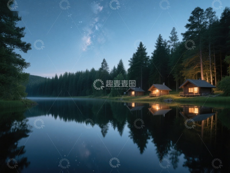 高清大图下载【趣麦麦图】湖畔木屋夜景，星空倒映水面