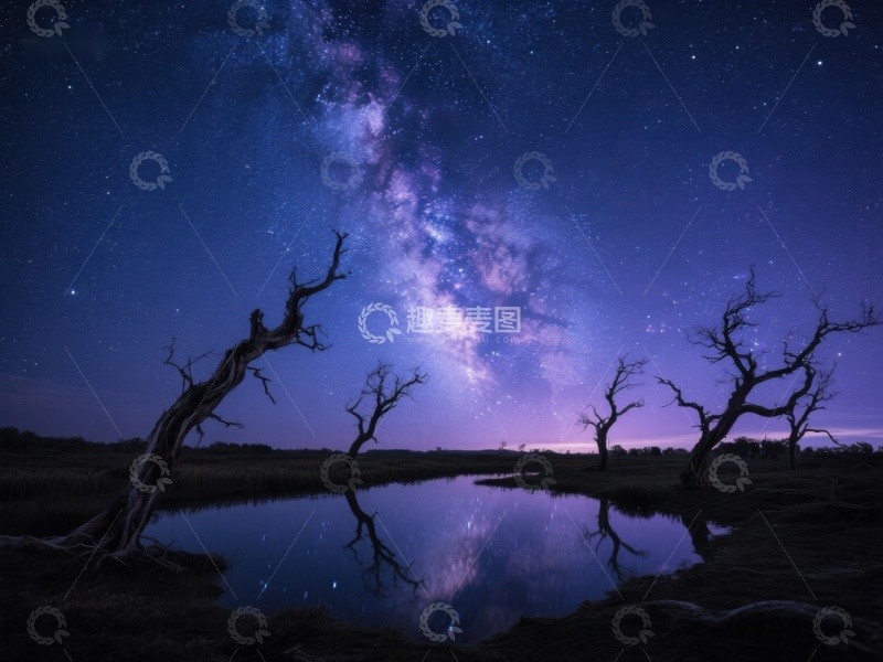高清大图下载【趣麦麦图】银河映照枯树，夜空静谧如梦