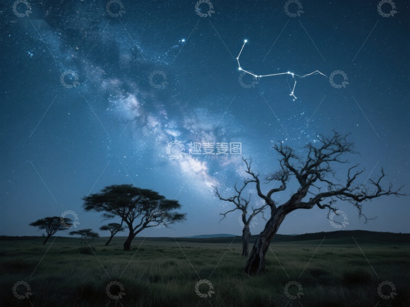 高清大图下载【趣麦麦图】夜空银河与枯树剪影