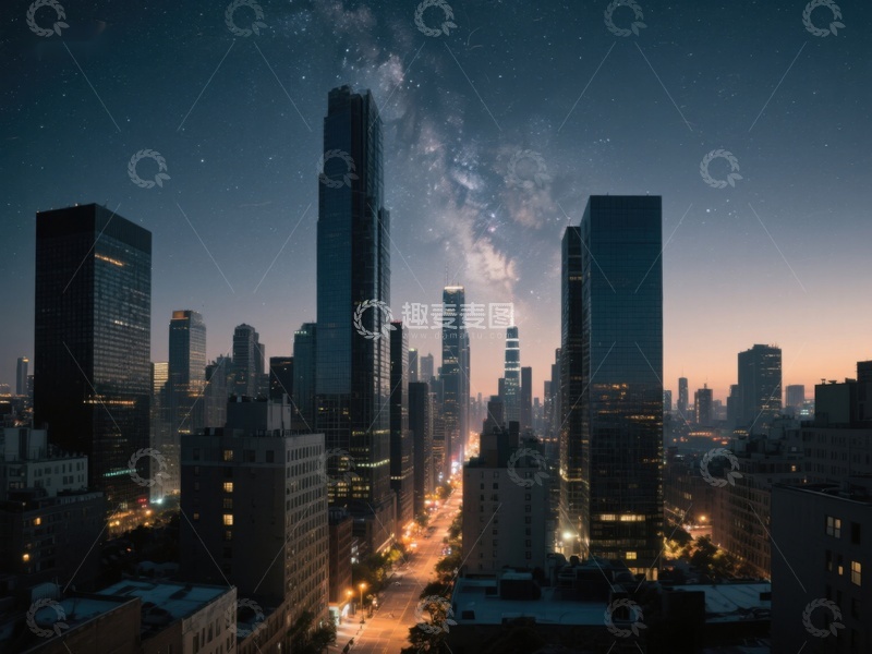 高清大图下载【趣麦麦图】夜幕下的城市与银河