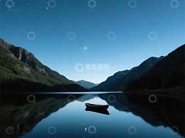 夜空下的静谧湖面与独木舟