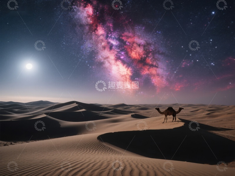 高清大图下载【趣麦麦图】沙漠夜景：骆驼与银河
