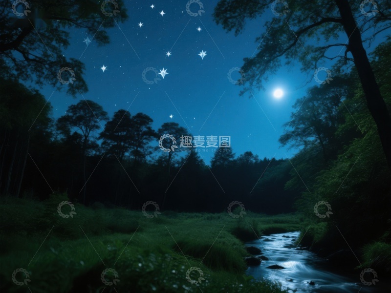 高清大图下载【趣麦麦图】夜空下的森林溪流