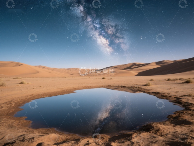 高清大图下载【趣麦麦图】沙漠夜景：银河倒映在水洼中