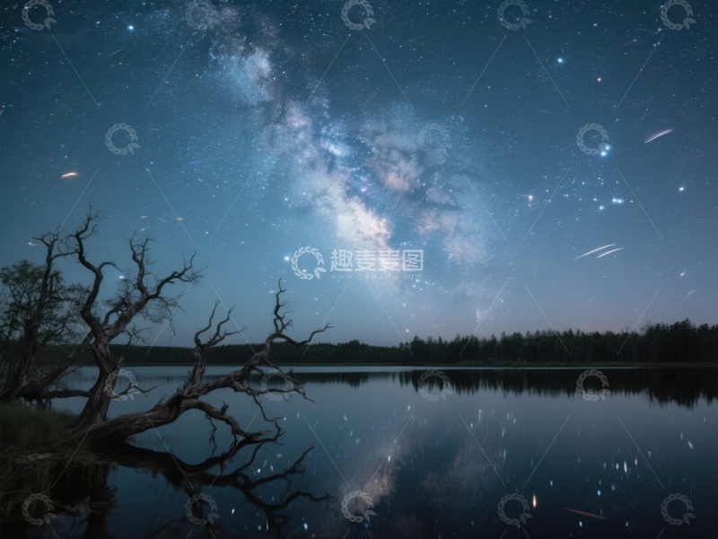 高清大图下载【趣麦麦图】银河映照湖面，枯树静谧夜景