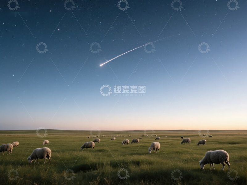 高清大图下载【趣麦麦图】夜空流星划过，羊群静谧草原