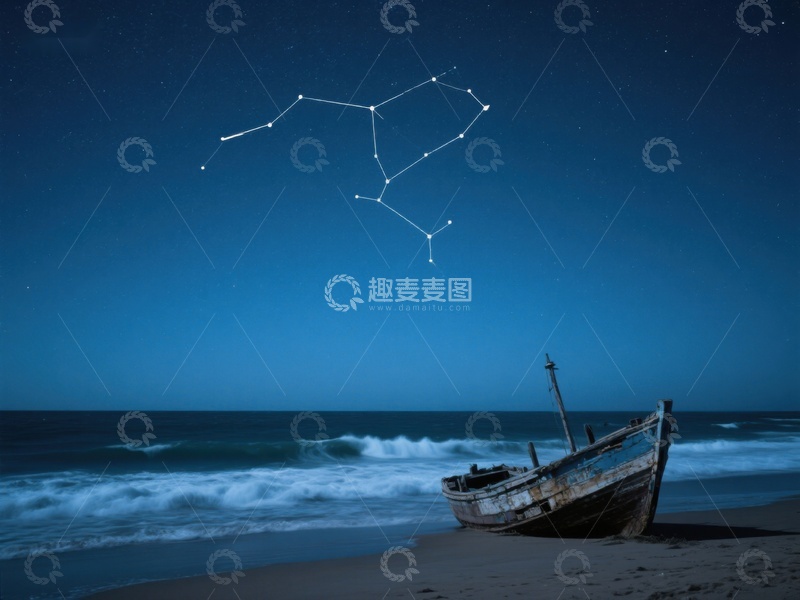 高清大图下载【趣麦麦图】星空下的海滩与旧船