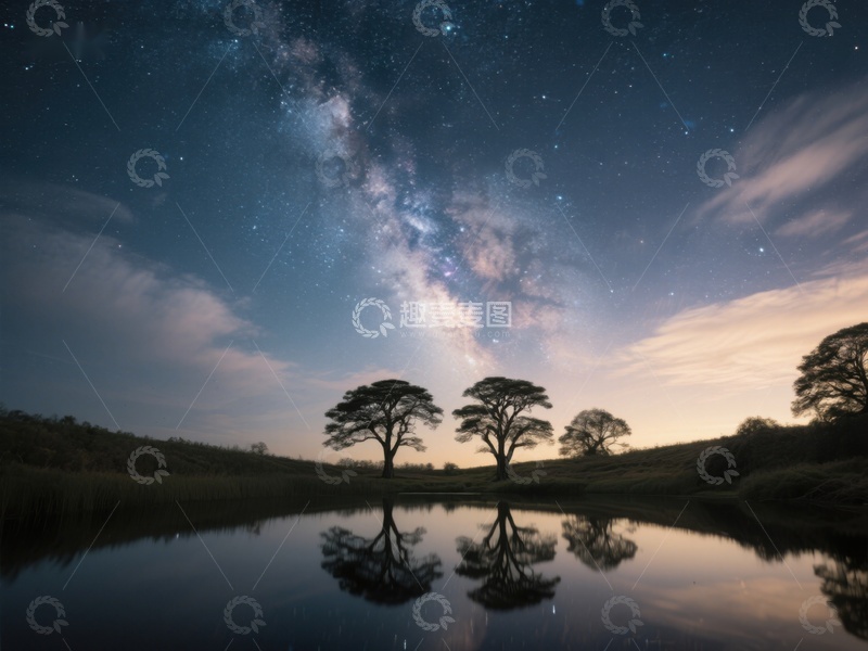 高清大图下载【趣麦麦图】-银河映照湖面，树影婆娑夜景