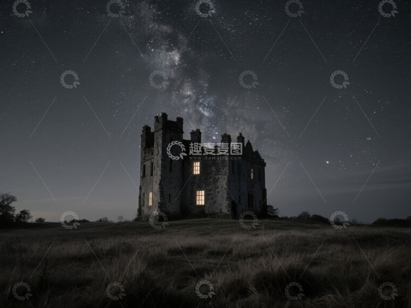 高清大图下载【趣麦麦图】夜空下的古堡与银河