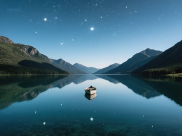 星夜湖畔孤舟静谧