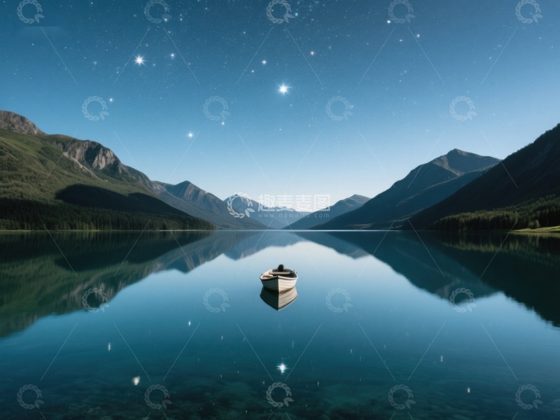 高清大图下载【趣麦麦图】星夜湖畔孤舟静谧