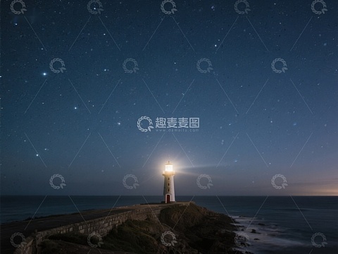 夜空下的灯塔照亮海岸