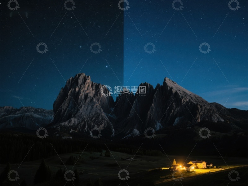 高清大图下载【趣麦麦图】夜幕下的山峦与灯火村庄