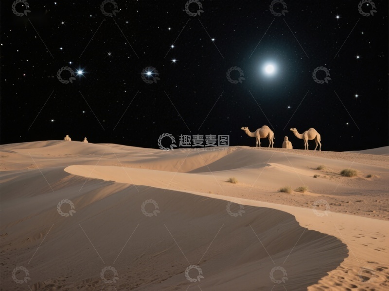 高清大图下载【趣麦麦图】沙漠夜景：骆驼与星空