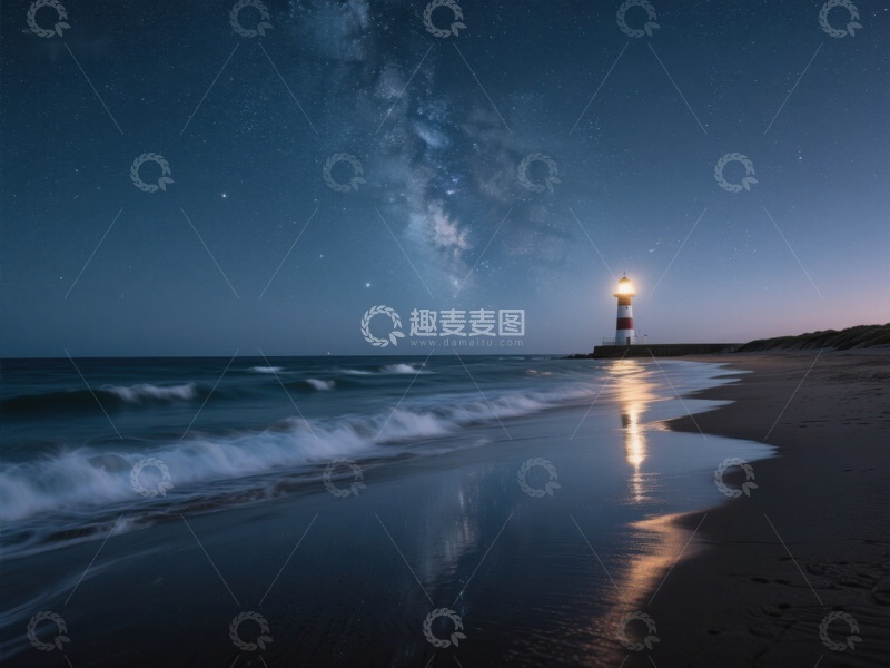高清大图下载【趣麦麦图】夜空下的灯塔与海滩