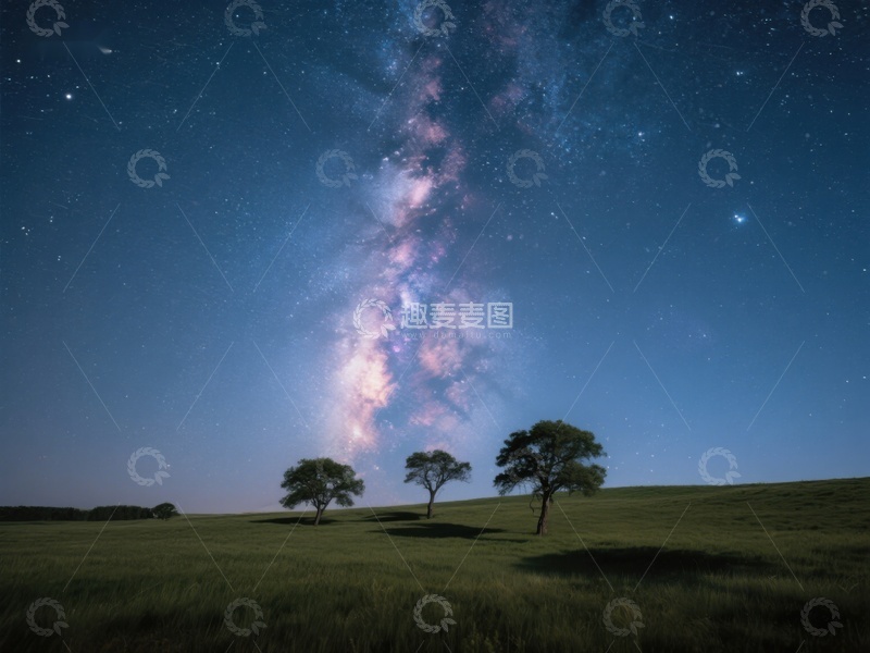 高清大图下载【趣麦麦图】银河横跨夜空，树影点缀草地