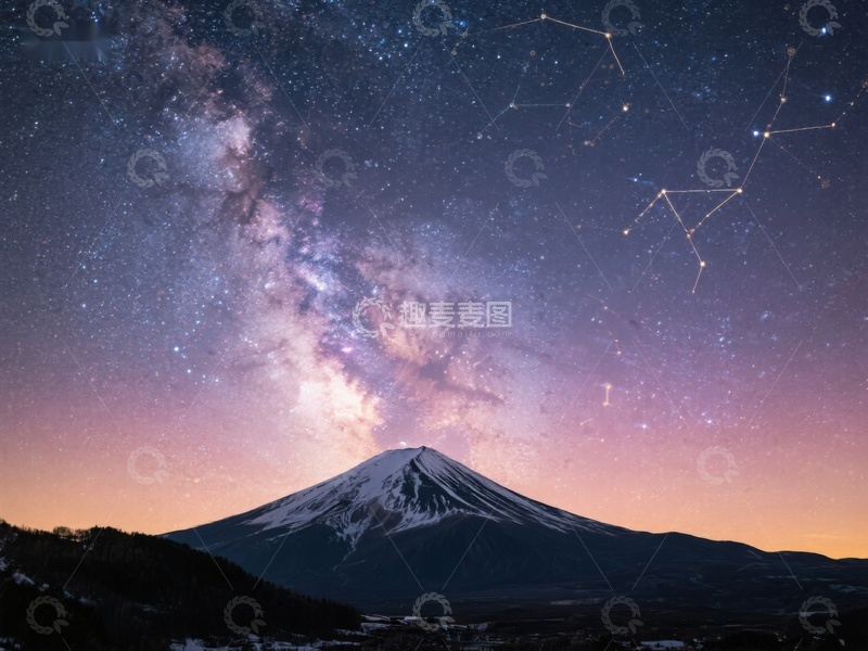 高清大图下载【趣麦麦图】富士山夜景与银河星空