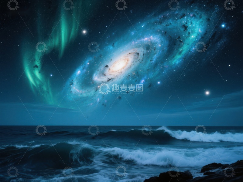 高清大图下载【趣麦麦图】星河与极光下的海洋夜景