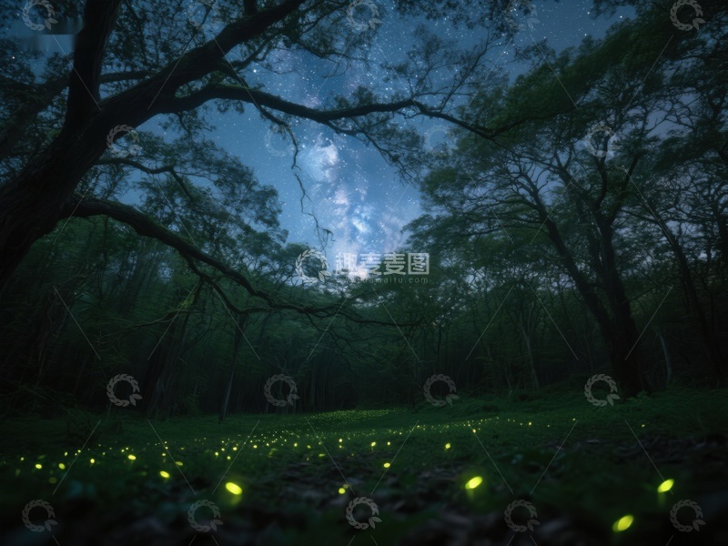 高清大图下载【趣麦麦图】夜幕森林中的萤火虫