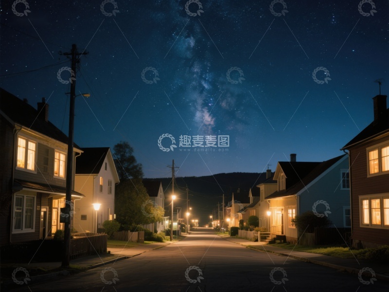 高清大图下载【趣麦麦图】宁静小镇夜景与银河