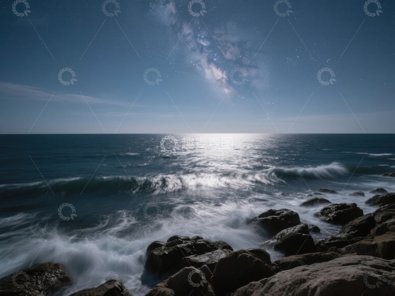 高清大图下载【趣麦麦图】月光下的海浪与岩石